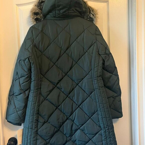 London Fog Faux Fur Trim Hooded Down Fill Coat in Dark Green Color size Large - Picture 7 of 10